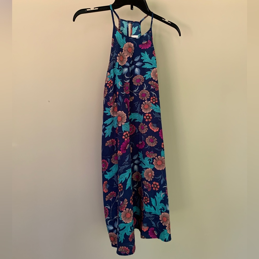Every - Navy floral halter neck shift dress with keyhole back - Small